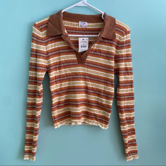 Cotton On Sweaters - Brown Striped V Collar Long Sleeve